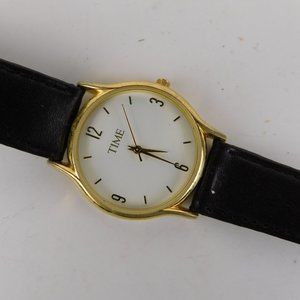 TIME Watch with Black Leather Band - Gold Casing, Stainless Steel
